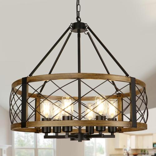 Size 22.5 Color Brown Modern Chandelier for Dining Room, 6-Light Wood Grain Finish Farmhouse Chandelier, 22.5” Rustic Drum Hanging Light Kitchen Island, Round Metal Hanging Light Fixture for Foyer, Entryway, Bedroom