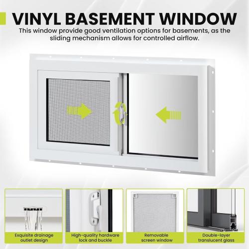 Vinyl Basement Sliding Window, 32 x 14 White | Removable Glass Pane, Double Pane Insulated Tempered Glass, and Mesh Screen for Basement Bathroom Home RV Garage