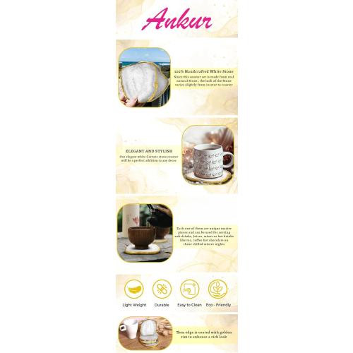 White Natural Sliced Agate Coasters Set of 4 Brazilian Natural Gemstone Coasters with Gold Rim