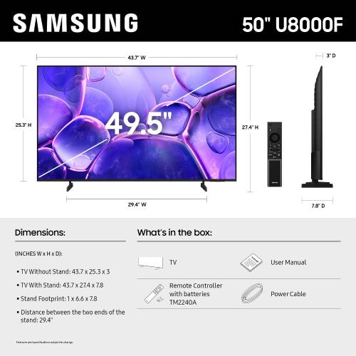Samsung Size 50-Inch Class Crystal UHD U8000F 4K Smart TV (2025 Model) Endless Free Content, Crystal Processor 4K, MetalStream Design, Knox Security, Alexa Built-in