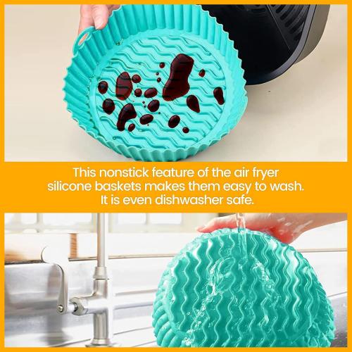 8 Inch Air Fryer Liners for Ninja AF100 AF101 AF141 AF150 AF161 XL (2 Pack) Black & Cyan Silicone Liners with Handles for 3–6 QT AirFryer COSORI, Gourmia and more – Reusable Nonstick Inserts