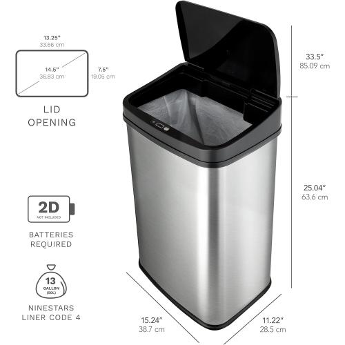Ninestars Automatic Touchless Infrared Motion Sensor Trash Can, Stainless Steel Base (Rectangular, Black Lid), Black Trim