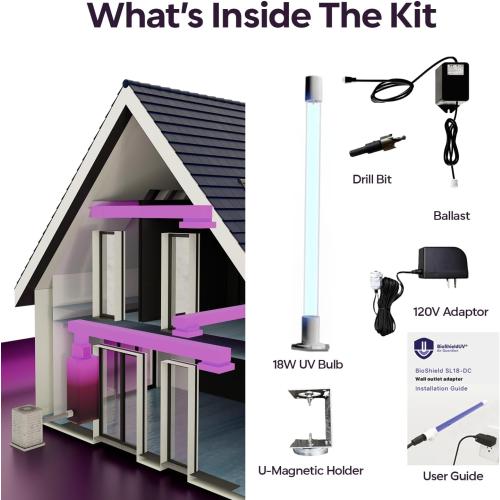 BioShieldUV® 18W HVAC UV Light Air Purifier Light Bulb - No Drill Magnetic HVAC Air Treatment System Powered by 120V Wall Outlet, Air Filter Lamp for Air Conditioner, UVC for AC