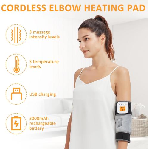 Cordless Elbow Heating Pad for Tennis Elbow Relief,Vibration Massage Heated Elbow Brace for Cubital Tunnel,Rechargeable Heating Pad for Elbow for Tendonitis,Arm Elbow Massager for Pain Relief