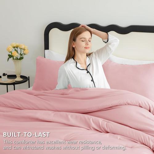 Comforter Set Pink, 3 Pieces Lightweight Comforters Quilted Bedding Sets, All Season Breathable Solid Down Alternative Comforter with 2 Pillowcases, Bed Set Gift for Home