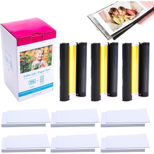 Replace for KP-108IN Canon Selphy Photo Paper & Ink for CP1200 1300 Printer | 3 Color Ink Toners & 108 (4x6) Photo Paper Set, work with CP1500 CP910 CP900 Photo Printer, 100 x 148mm Postcard Size