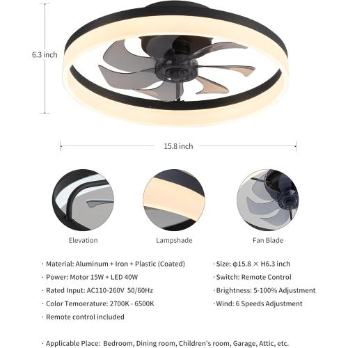 PUSU 15.8 Low Profile LED Ceiling Fans with Light, Reversible Flush Mount with Remote and 6 Winds Speeds Fan Lighting, 3 Colors Dimmable for Bedroom, Garage, Kids, Dinning Room, Kitchen (Black)