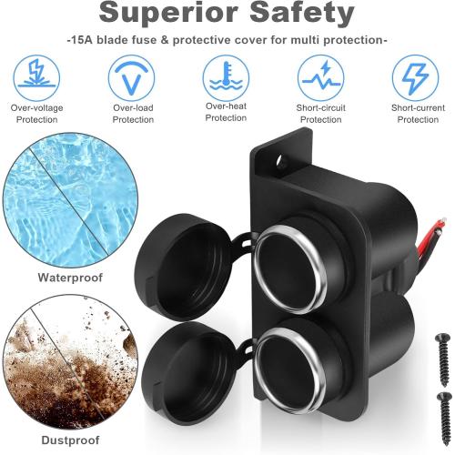 2PCS Cigarette Lighter Socket with Blade Fuse, 2-Socket Cigarette Lighter Splitter 12V Lighter Power Outlet Replacement Waterproof Plug for Car Marine Truck ATV RV
