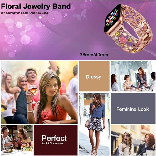Floral Bracelet for Apple Watch Band, Women, Rose Gold, 38/40/41/42mm | Bling Crystal Hollow Metal Wristband, Elegant & Sparkling, Fits iWatch series 11/10/9/8/7, Ideal for Formal & Evening