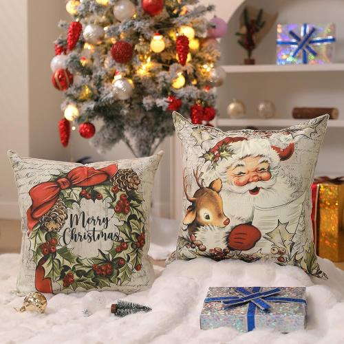 DFXSZ Christmas Pillow Covers 18x18 inch Set of 4 Santa Claus Reindeer Decorative Vintage Throw Pillow Covers Winter Retro Farmhouse Decoration for Home Couch BTHZ-140B18