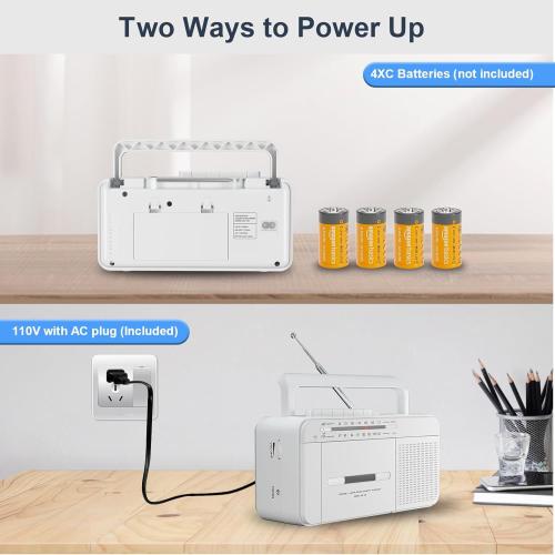 Portable Cassette Player Recorder Boombox with AM/FM Radio, AC or Battery Powered Vintage Casette Tape Player with Loud Speaker and Earphone Jack for Home or Outdoor White