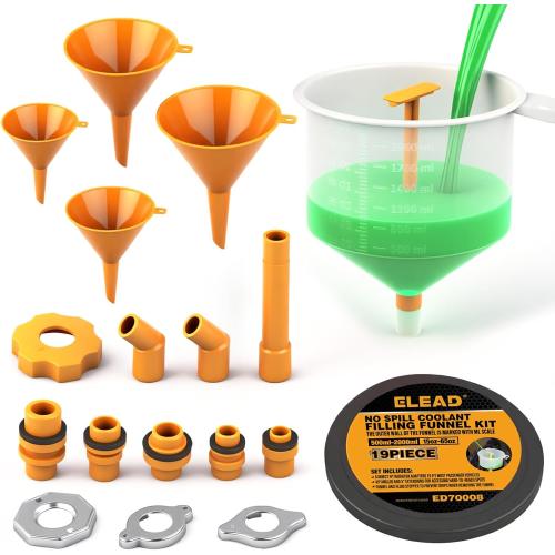 ELEAD No-Spill Coolant Funnel Kit - 19-Piece Radiator Funnel burping kit, coolant Bleeder kit, Extra Funnels and Adapters for Universal Vehicle