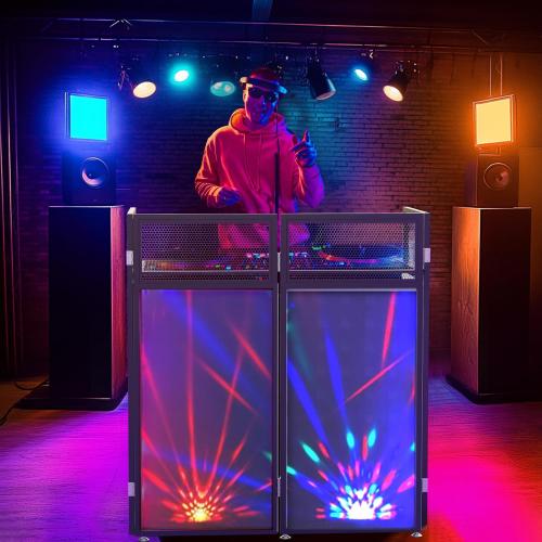 YooKoo Foldable DJ Booth for Tool-Free Assembly, DJ Table with White & Black Scrims, Metal Frame DJ Facade, DJ Stand with Cable Hole and Carry Bag, for Parties & Events & Small Studios ( maybe missing screws)