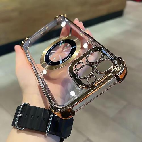 for iPhone 15 Pro Max Magnetic Transparent Case,Luxury Bling Four Corners Shockproof Military-Grade Protection with Camera Lens Protector MagSafe Clear Plating Cover for Women Men-Golden