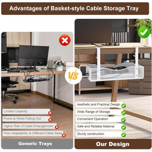 Extra Wide Under Desk Cable Management - No Drill Installation Cable Management Tray, Modern Cord Organizer for Office/Home Desk, Fits Power Strips & Wires((White, XL)