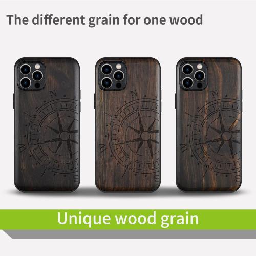 Carveit Magnetic Wood Case for iPhone 12 Pro Max Case [Natural Wood & Black Soft TPU] Shockproof Protective Unique & Classy Wooden Cover Compatible with MagSafe (Vintage Compass-Blackwood)