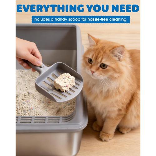 Powools Stainless Steel Cat Litter Box, High-Sided, Grey, XL (1 Pack) | Metal Litter Box with Scoop, Anti-Leakage Top Entry, Non-Sticky, Easy to Clean, 6-Inch Splash-Proof Deep Pan