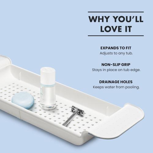 Madesmart Expandable Bath Tray for Bathtubs, Plastic Shower and Bath Shelf Caddy, White, Multifunctional Bathtub Bathroom Organizer