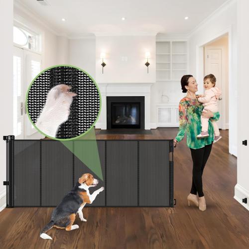96 Inch Wide Reinforced Retractable Baby Gate with Support Rods, Extra Long Dog Gate Retractable Gate Outdoor Gates for Decks, Prevent Crawling Under Extra Long Baby Gates for Large Openings, Black