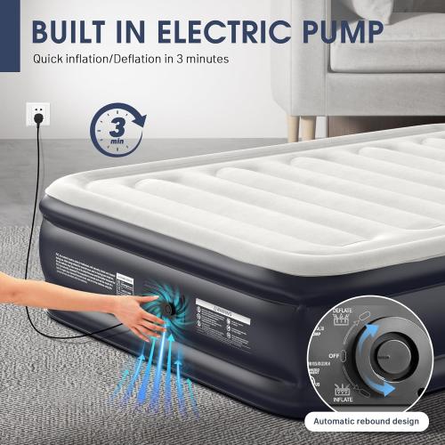 Beige and Navy Blue Air Mattress With Built In Pump, Raised Blow Up Mattress 2 Mins Self-Inflation/Deflation,Upgraded Thicker Inflatable Mattress，Air Bed with Storage Bag for Guests,Home，Camping，660 lbs Max