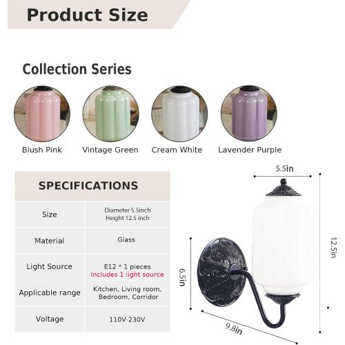 Antique Black Milk Glass Wall Sconce - Vintage Green Shade & Brass Finish Base - Indoor Wall Lighting Fixture for Living Room, Bedroom, Bathroom, Hallway, Entryway (White)