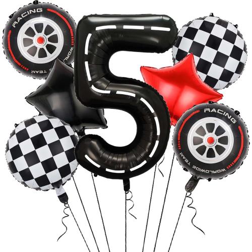 Race Car Balloons,40 Inch Racetrack Number 5 Balloon,Big Number Balloons Black for 0st Birthday Race Car Theme Party Decor Supplies 7 Pcs