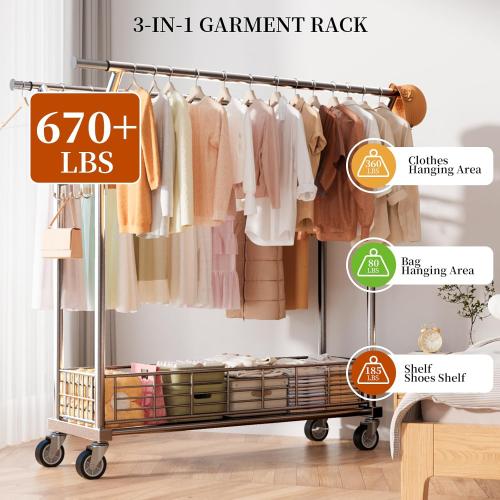 Heavy Duty Clothes Rack - Double Rod Clothing Racks for Hanging Clothes, Portable & Adjustable Garment Rack with Wheels, Rolling Clothes Rack Load 670LBS for Bedrooms, Laundry, Closet (Sliver)