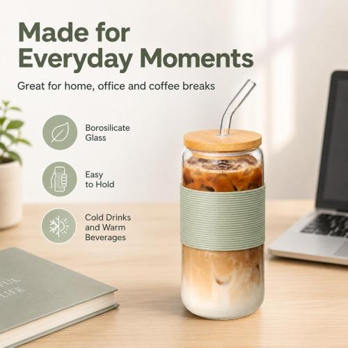 Glass Cup with Lid and Straw, Iced Coffee Cup with Bamboo Lid, 16 oz Reusable Glass Tumbler with Sage Avocado Green Silicone Sleeve for Matcha Latte, Cold Brew and Milk Tea