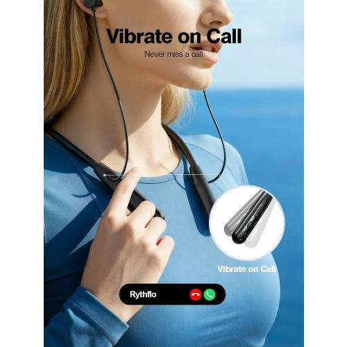 Rythflo Neckband Bluetooth Headphones, ENC IPX7 Sweatproof Sport Earbuds with AI-Enhanced Mic Vibration Call Alert, 50H Playtime Deep Bass Wireless Waterproof Earphones for Work Running Workout Gym