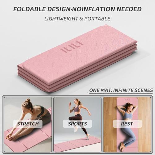 ILILI Foldable Yoga Mat 71 * 24 * 0.3 Inch | Lightweight TPE Non Slip Exercise Mat, Waterproof Portable Fitness Mat for Home Gym, Pilates, Stretching & Daily Workouts