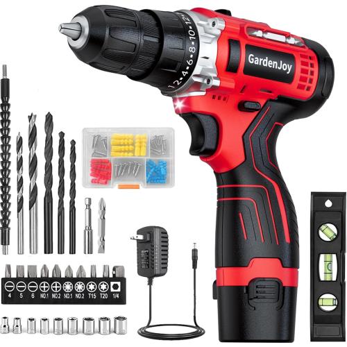 Red GardenJoy Cordless Power Drill Set: 12V Electric Drill with Battery and Charger, 65pcs Acessories, 3/8Keyless Chuck, 2 Variable Speed, 24 1 Position, Compact Drill Driver Kit for Home & DIY Project