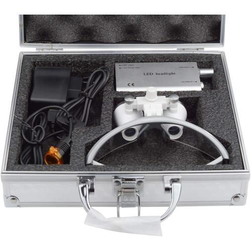 EustomA 2.5X Binocular Loupes Optical Glasses  3W LED Headlight Lamp with Filter   Aluminum Box Silver