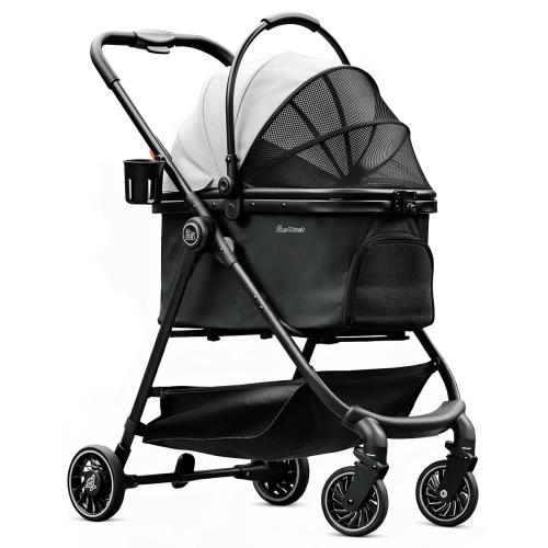 Pet Stroller for Small Dogs and Cats, One-Click Foldable Dog Stroller with Detachable Carrier & 3 Safety Tethers, Holds up to 33 lbs, Storage Basket & Cup Holder, Breathable Mesh, Black