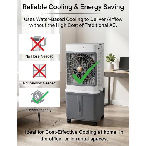 Swamp Cooler Cooling Fan, 10-Gal Portable Air Conditioners Windowless | Evaporative Air Coolers with Detachable Tank, 3 Speeds, Timer, Remote, and Rolling Casters for Patios, Garages, Apartments