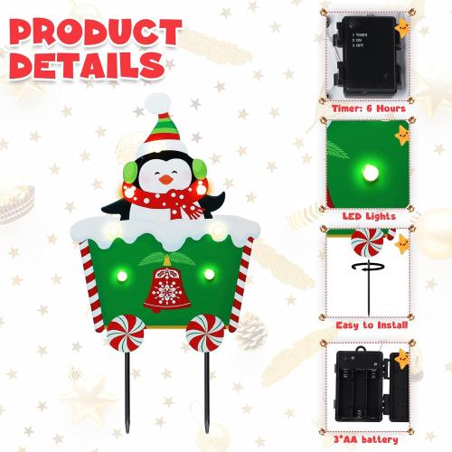 WONDER GARDEN Christmas Metal Yard Stakes, Lighted 3 Pack Christmas Garden Stakes Yard Signs, Outdoor Decorations Train with Santa, Snowman, Penguin, Boy for Lawn Party Outside