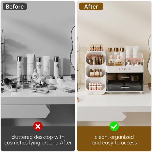 Color White Makeup Organizer for Vanity with Brush Holder, Countertop Organizer with 2 Drawers, Spacious Cosmetic Display Case for Beauty Essential, Skincare, Lipstick