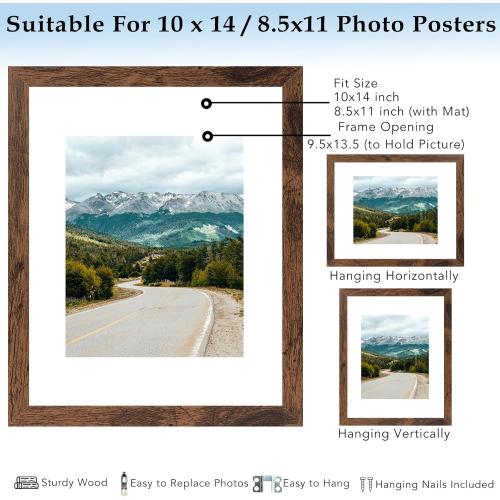 10x14 Picture Frame Deep Brown for 30 x 40cm Diamond Art Painting, Wood 10x14 Frame with 8.5x11 Mat for Wall Mounting, 30x40 cm Frame with Shatter-Resistant Plexiglass, Deep Brown, 1 Pack