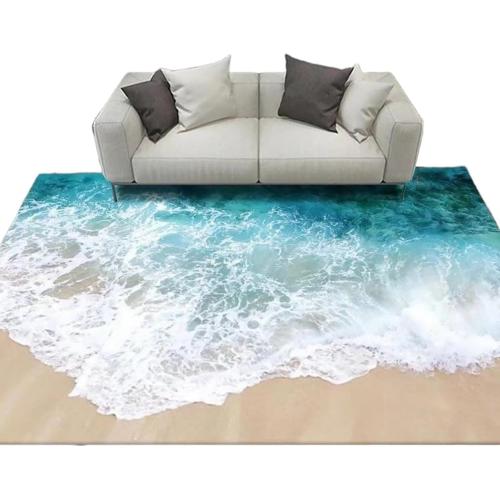 3D Visual Blue Ocean Waves Rug, Large Sea Wave Area Rugs for Bedroom, Cute Beach Design Carpet Non-Slip Sofa Mat (Ocean Waves)