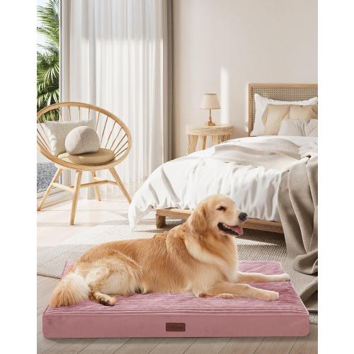 OhGeni Orthopedic Waterproof & Machine Washable Dog Bed for Medium Large Pets, Cat Mat with 25D Egg Crate Foam, Non-Slip Bottom & Removable Cover, 44 Inches(Pink)