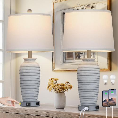 CINSARY 25 Farmhouse Jar Table Lamps Set of 2, 3 Way Touch Control Rustic Bedside Lamps with USB A C Ports & AC Outlet, Pot Nightstand Lamps for Bedroom Living Room (LED Bulbs Included)