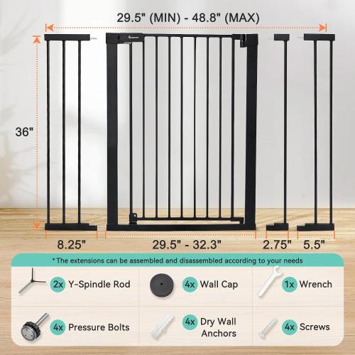 COMOMY 36 Extra Tall Baby Gate for Stairs and Doorways - Fits 29.5 to 48.8 Wide Openings, Auto Close Extra Wide Dog Gate for House, Pressure Mounted Easy Walk Through Pet With Door, Black