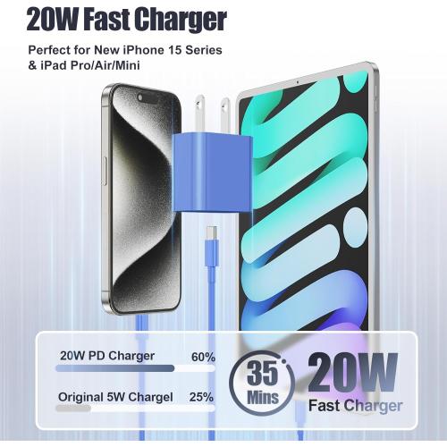 iPhone 17 16 15 Charger Fast Charging Block,10ft USB C to C Cable Cord Long and 20W Type C Charger Plug for Apple iPhone 17 Pro Max/16 Pro/15 Plus/15/AirPods/iPad Air/Mini/Power Adapter-Blue