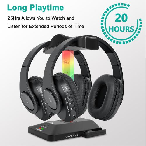 WallarGe Dual Wireless Headphones for TV Watching with RF Transmitter, Bluetooth Over-On Ear TV Headphones Wireless for Seniors, No Lip-Sync Delay, Plug & Play. Set of Two