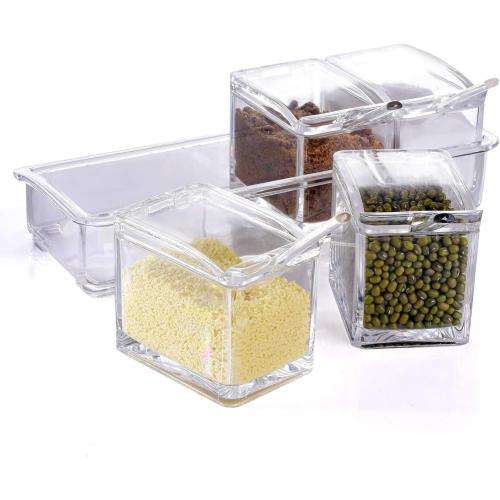 ME.FAN Clear Seasoning Rack Spice Pots - 4 Piece Acrylic Seasoning Box - Storage Container Condiment Jars - Cruet with Cover and Spoon