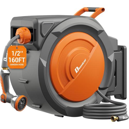 1/2 x 160 ft Retractable Hose Reel, Heavy Duty Retractable Garden Hose Reel Wall Mounted with 10-Pattern Hose Nozzle/Any Length Lock/Slow Return System/180°Swivel Bracket,Orange