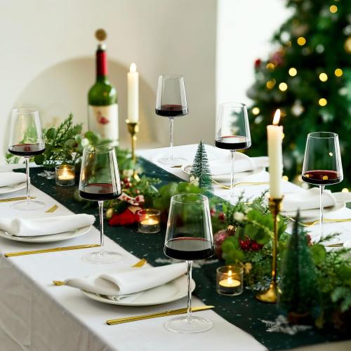 Crystal Wine Glasses Set of 6-13.5oz Clear Lead-Free Hand Blown Long Stem Square Red Wine Glasses with Gift Box for Christmas Wedding Birthday Party