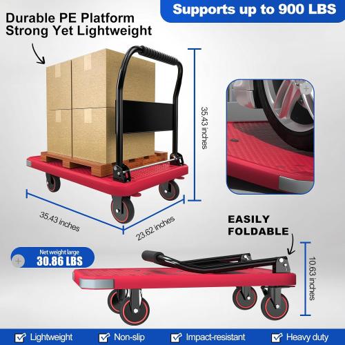 WUD Foldable Hand-Push Platform Truck with Brake, 360-Degree Swivel Wheels, 35.4”L x 23.6”W, 880 lb Load Capacity, Suitable for Luggage, Travel, Moving, Shopping, Office, Home Garden, Magenta