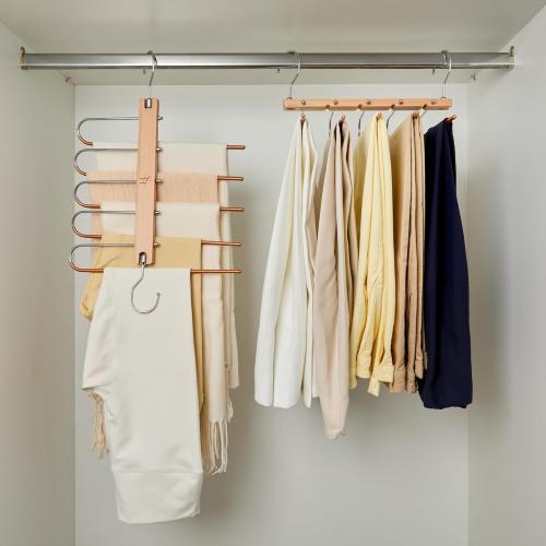 HANGSAGE Pants Hangers, 1-Pack Space-Saving Beechwood & Metal Jean Holder, 5-Tiers, 360° Swivel Hook & Non-Slip Rods, Elegant Closet Organizer