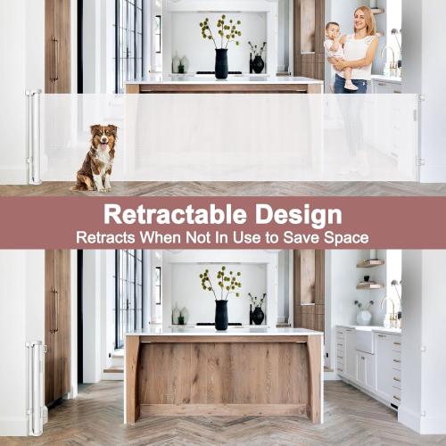 85 Inch Wide Baby Gate for Wide Openings Indoor Retractable Baby Gates Outdoor Retractable Dog Gate Mesh Gates for Kids or Pets Long Pet Gate for Doorways Long Dog Gate for Stairs, Porches, White