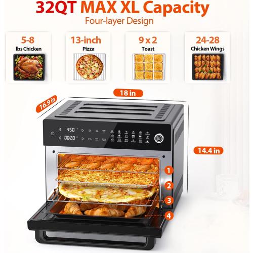 Aeitto® 32-Quart PRO Large Air Fryer Oven| Toaster Oven Combo | with Rotisserie, Dehydrator and Full Accessories | 19-In-1 Digital Airfryer | Fit 13 Pizza, 9pcs Toast, 1800w, Black